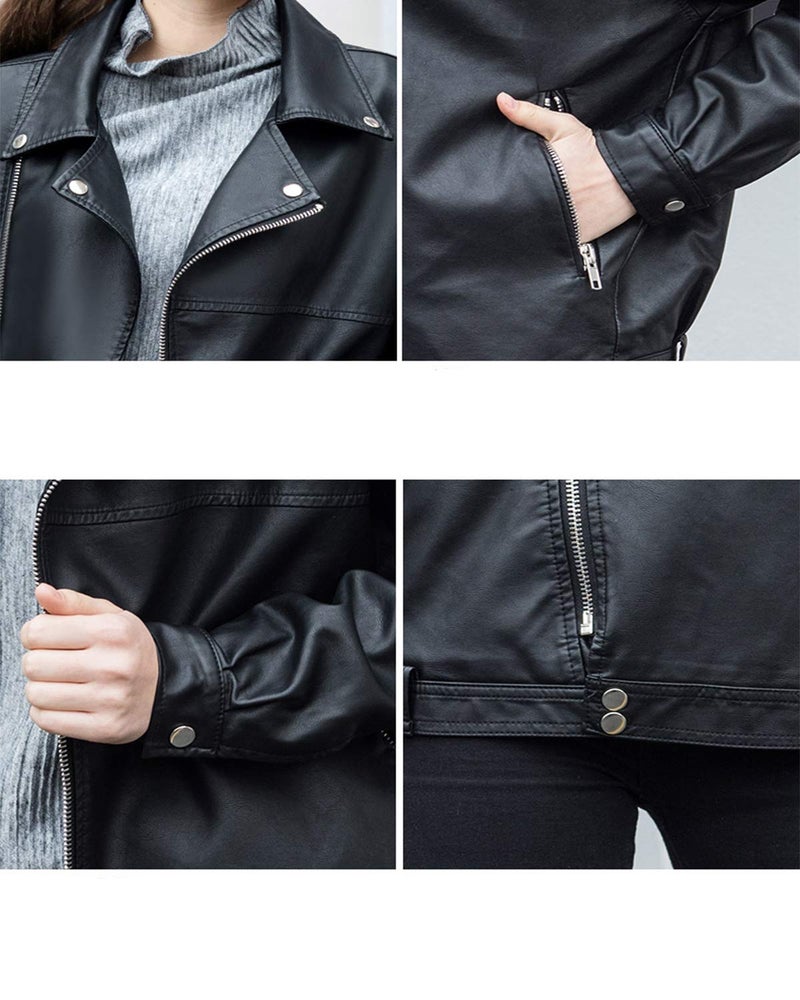 LY VAREY LIN Women Faux Leather Jacket Lapel Collar Motorcycle Zip Up Motor Biker Short Coat Jacket (Black, L) - Image 5